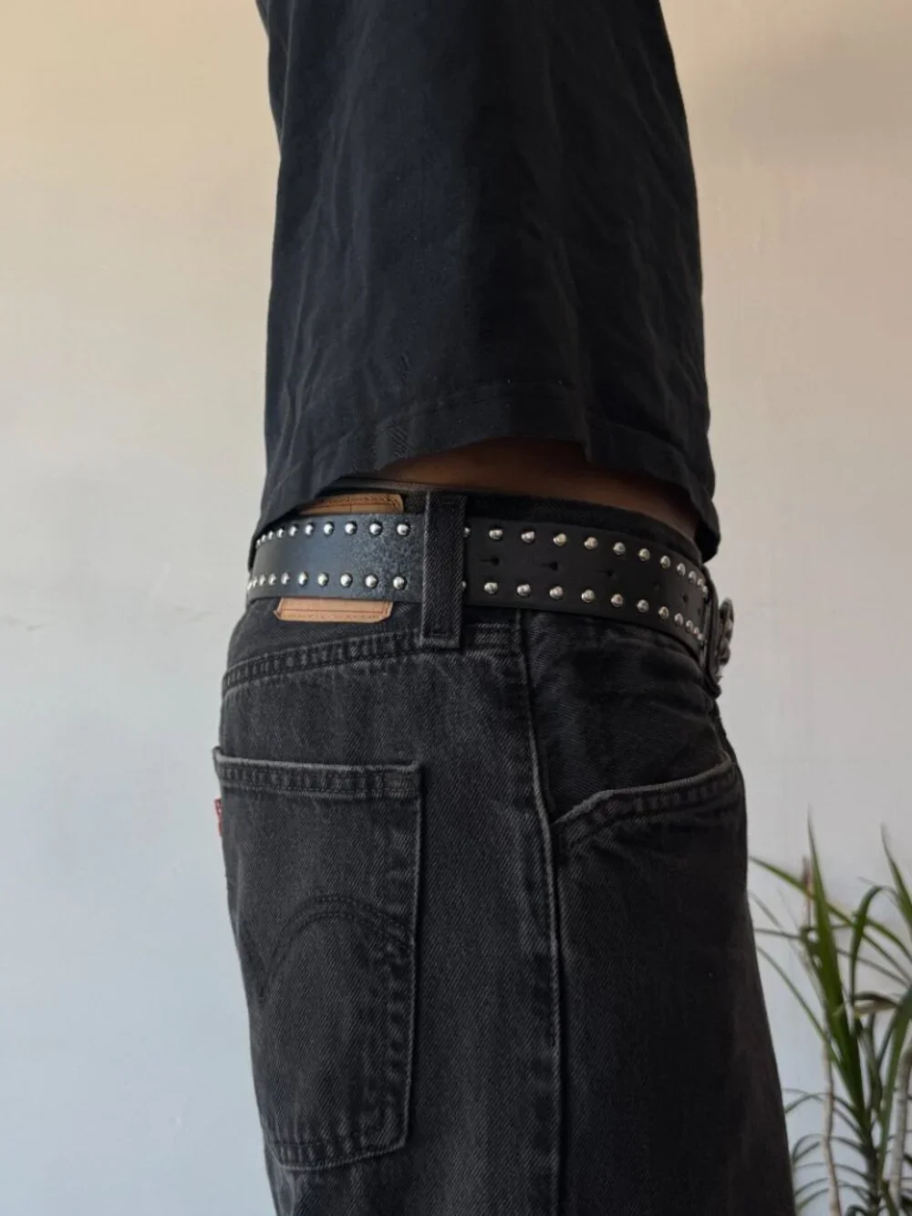 Black Faux Leather Studded Silver Cross Buckle Belt